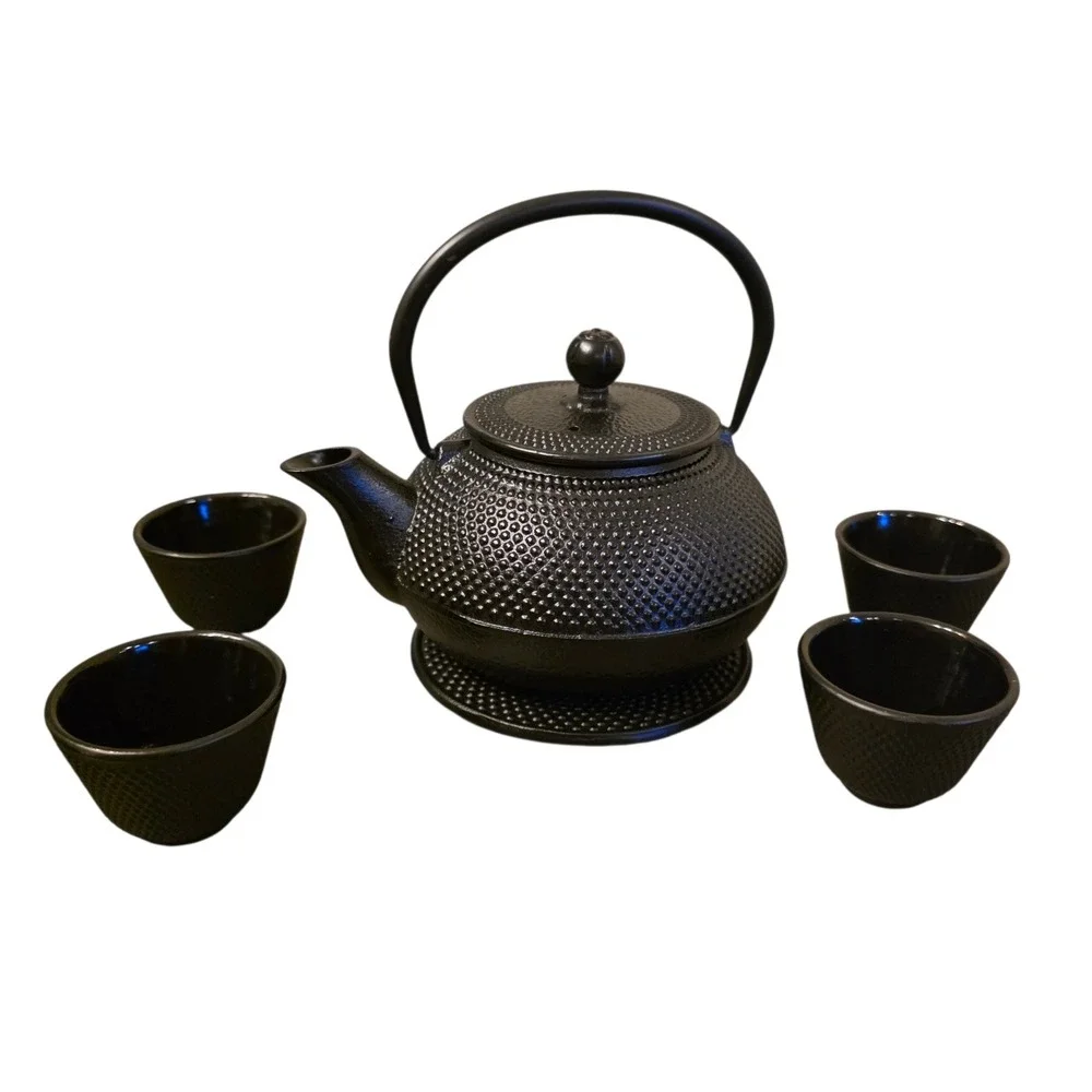 Kitchtic Cast Iron Japanese Tea Set Black Hobnail Teapot 4 Cups Trivet Infuser
